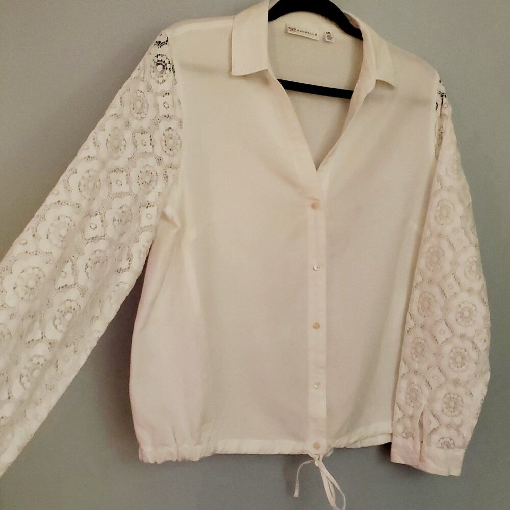 Linen Cotton Blend Rafael Large White Lace Sleeve Button Down Top - Picture 2 of 11
